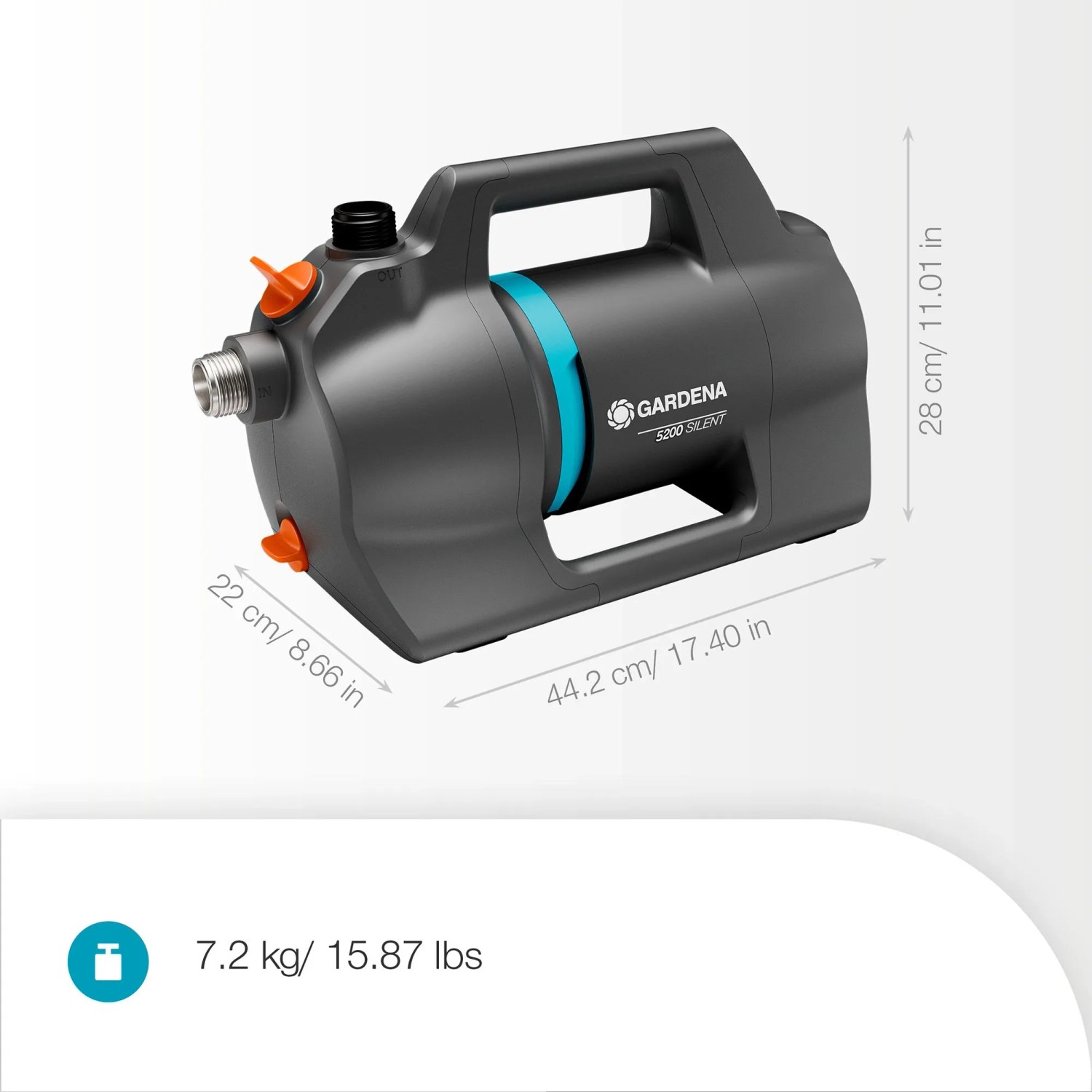 Gardena Gartenpumpe 5200 Silent, graue Elektro-Pumpe mit Tragegriff und blauen Akzenten.