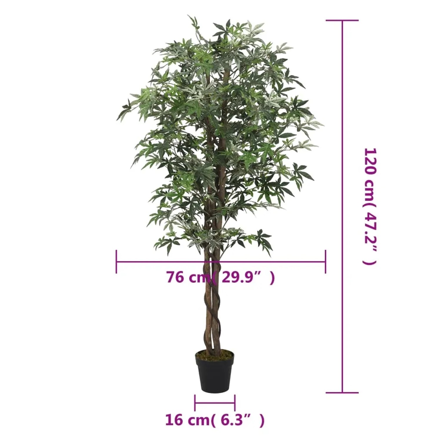 Künstlicher Ahornbaum, 120 cm hoch, mit 336 grünen Blättern im schwarzen Topf.