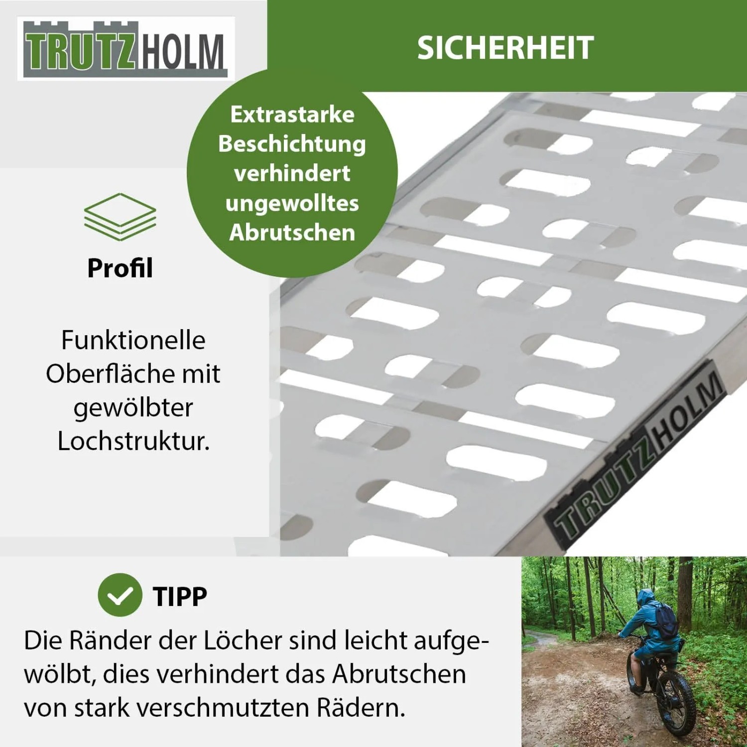 Detailaufnahme TRUTZHOLM Auffahrrampe: Gelochte Oberfläche für sicheren Halt beim Verladen.