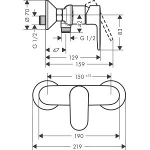 Technische Zeichnung Hansgrohe Vernis Blend Einhebel-Brausemischer Aufputz, Maße und Anschlüsse.