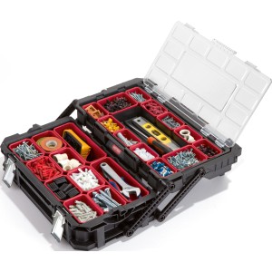 Offener Keter Connect Cantilever Organizer mit Werkzeug und Kleinteilen in roten Fächern.