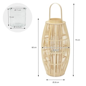 Bambus Laterne (H 75cm) im Boho Stil mit Kerzenglas, Holzfarbe. Dekorative Gartenlaterne.