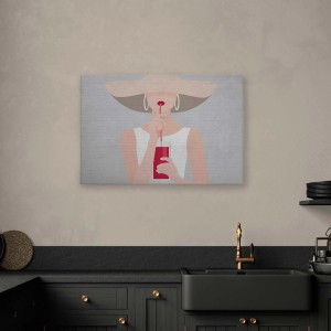 Leinwandbild: Frau mit Hut und rotem Drink im Retro-Stil. Deko Wandbild für die Küche.
