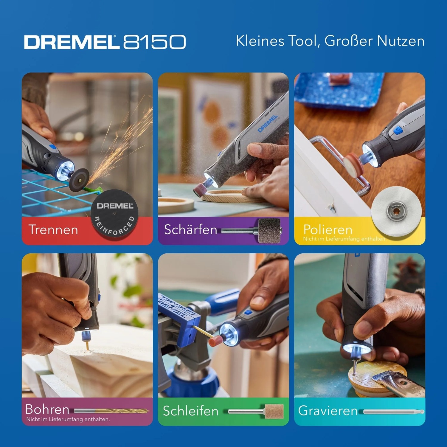 Dremel 8150 Akku-Multifunktionswerkzeug im Einsatz: Trennen, Schärfen, Polieren, Bohren, Schleifen, Gravieren.