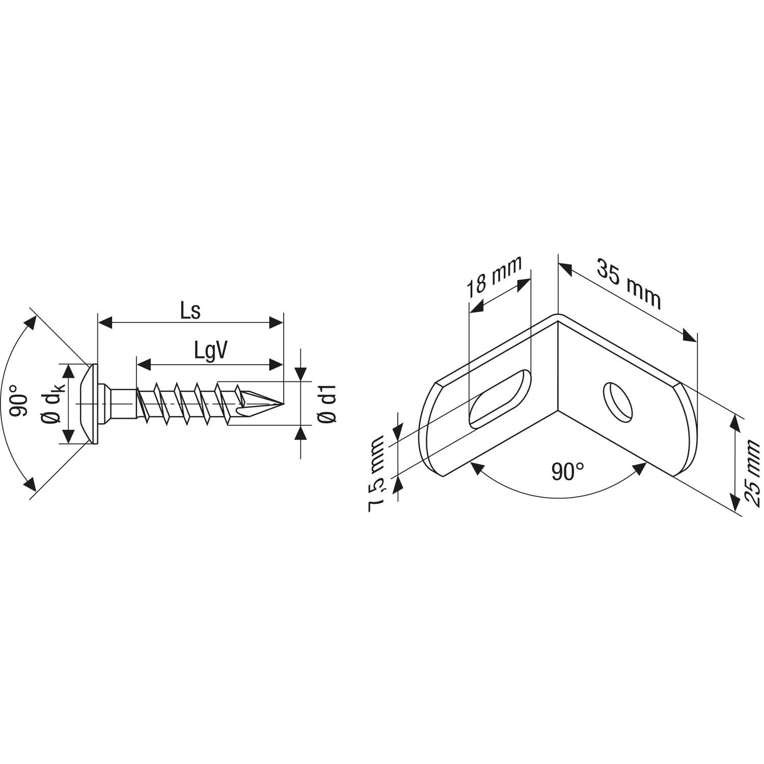 Technische Zeichnung: Spax Zaunverbinder, 7x35mm, 4er-Set, Zubehör für Zaunbau, Maße und Schraube dargestellt.