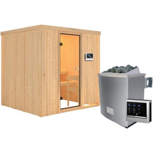 Woodfeeling Sauna Tromsö mit Ofen und Glastür, Massivholzsauna für entspannende Stunden.