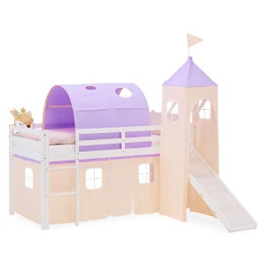 Weißes Kinder Hochbett 90x200 mit lila Tunnel, Turm, Rutsche und beigem Vorhang. Abenteuerbett aus Kiefernholz.