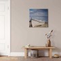Maritimes Leinwandbild mit Boot in Hellblau und Beige für Wohn- und Schlafzimmer.