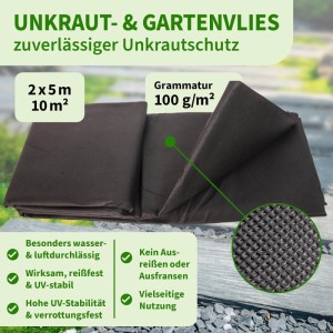 TTL GARDEN Unkrautvlies 100g/m² 2x5m 10m² Schwarz Gartenvlies Mulchvlies UV-stabil für Beet Wege & Terrasse