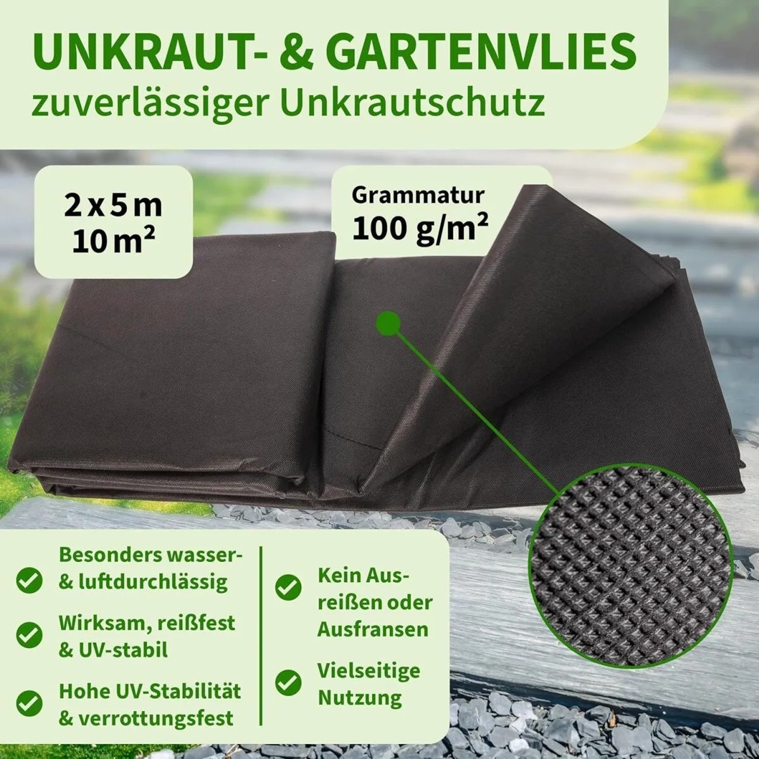 TTL GARDEN Unkrautvlies 100g/m² 2x5m 10m² Schwarz Gartenvlies Mulchvlies UV-stabil für Beet Wege & Terrasse_2