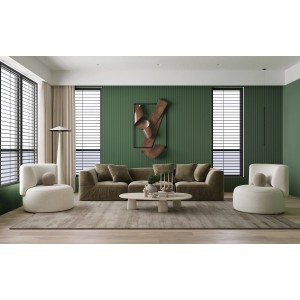 Wohnzimmer mit grünen Schöner Wohnen Wandpaneelen Fold HDPS 1 m als Wanddekor.