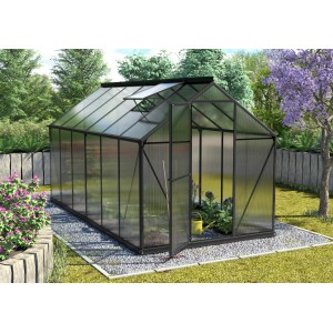 Schwarzes Vitavia Gewächshaus Triton 7500 HKP 6 mm Vorzugsset mit geöffneter Tür im Garten.