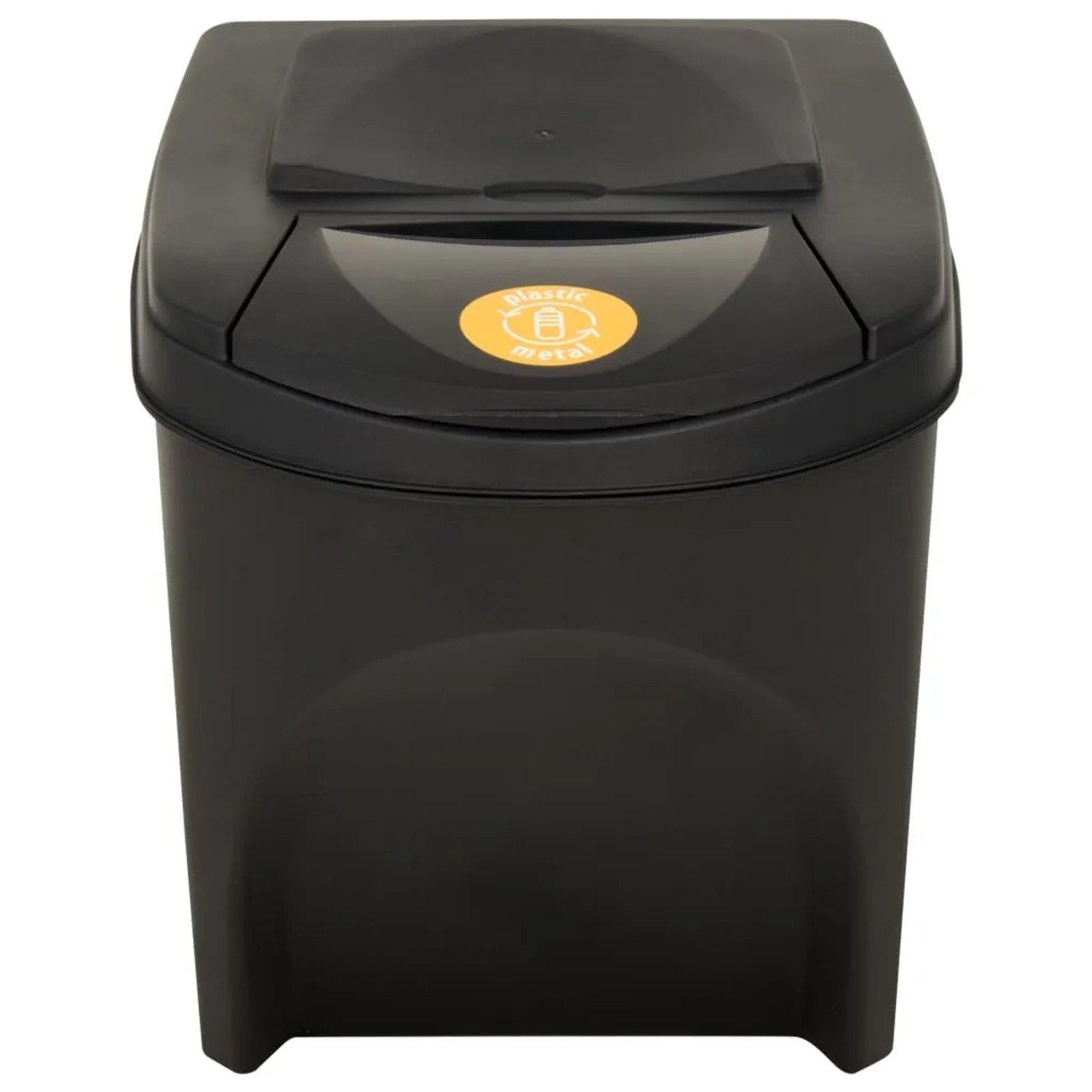 Stapelbare Mülleimer, 4er-Set, anthrazit, 100L, mit Deckel und Etikett für Mülltrennung.