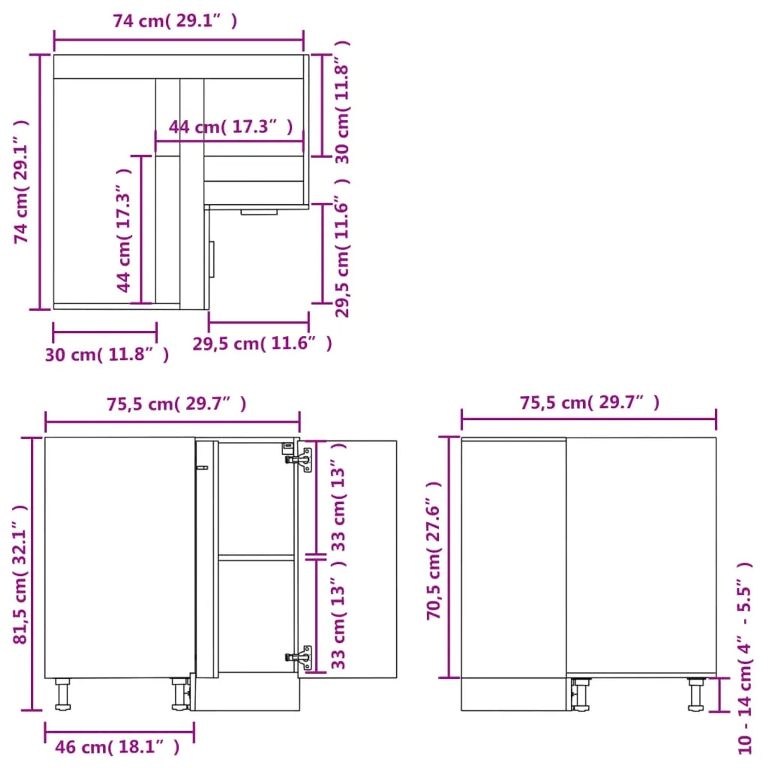 vidaXL Eckunterschrank, weiße Küchenzeile aus Holzwerkstoff, Maße: 75,5x75,5x80,5 cm.