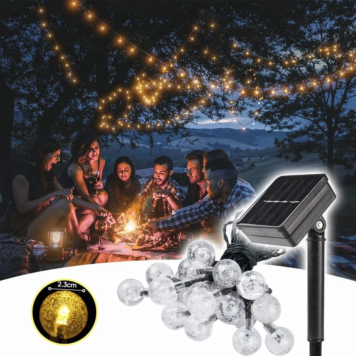 Salcar Solar LED Lichterkette 10m, 40 warmweiße Kristalllampen, beleuchtet Gartenparty. Mit Solarpanel & Erdspieß.