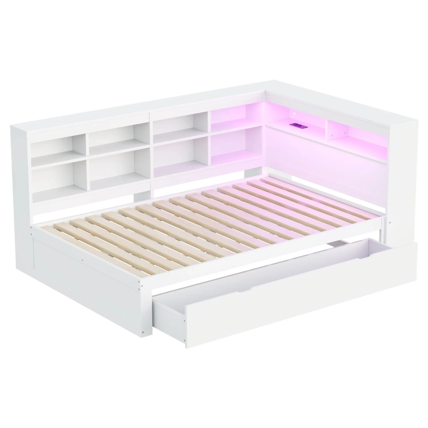 Merax Holzbett 140x200cm USB LED Schubladen Weiß