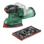 Bosch Akku-Multischleifer UniversalSander 18V-10 mit Staubfangbox und separater rechteckiger Schleifplatte.