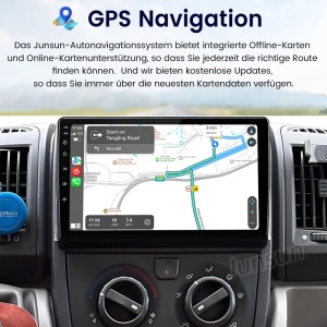 Junsun Autoradio mit 9 Zoll HD Touchscreen zeigt GPS Navigation im Armaturenbrett. Routenführung für Ducato, Jumper, Boxer.