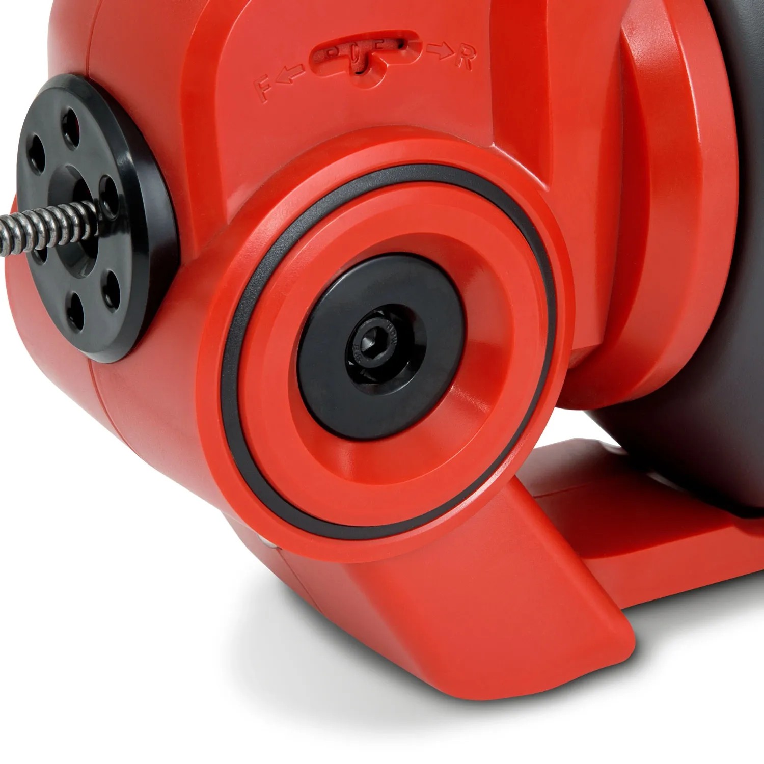 Detailaufnahme: Rote EBERTH Akku-Rohrreinigungsmaschine mit Spirale. Ideal zur Rohrreinigung.
