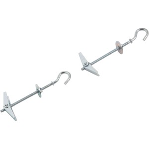 Zwei LUX Federklappdübel mit Haken, 4x100 mm, für Hohlraumwände und -decken.