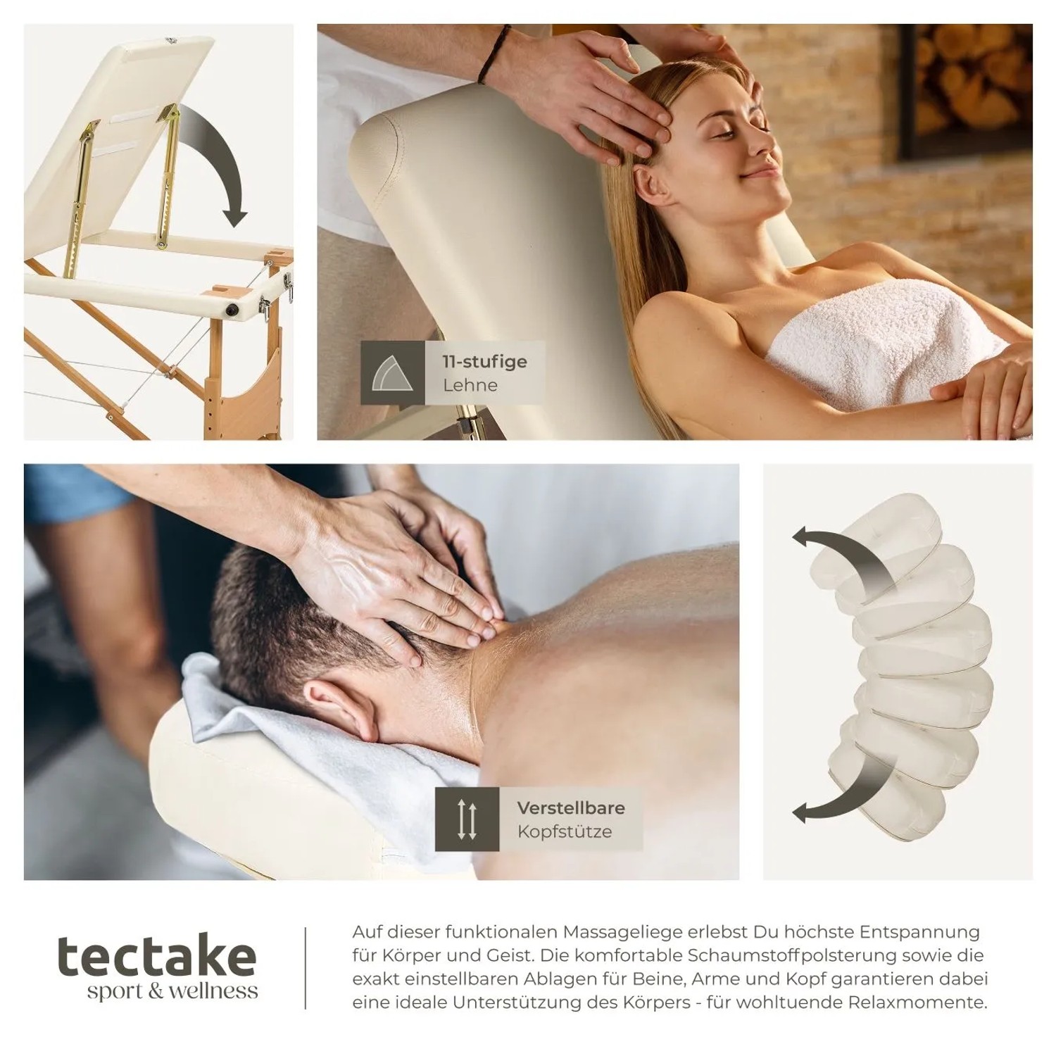 Tectake 3 Zonen Massageliege Set Daniel Breite 60 cm  Polsterung 3 cm Inklusive Lagerungsrollen und Tragetasche  210 x 95 x 84 cm Beige_7