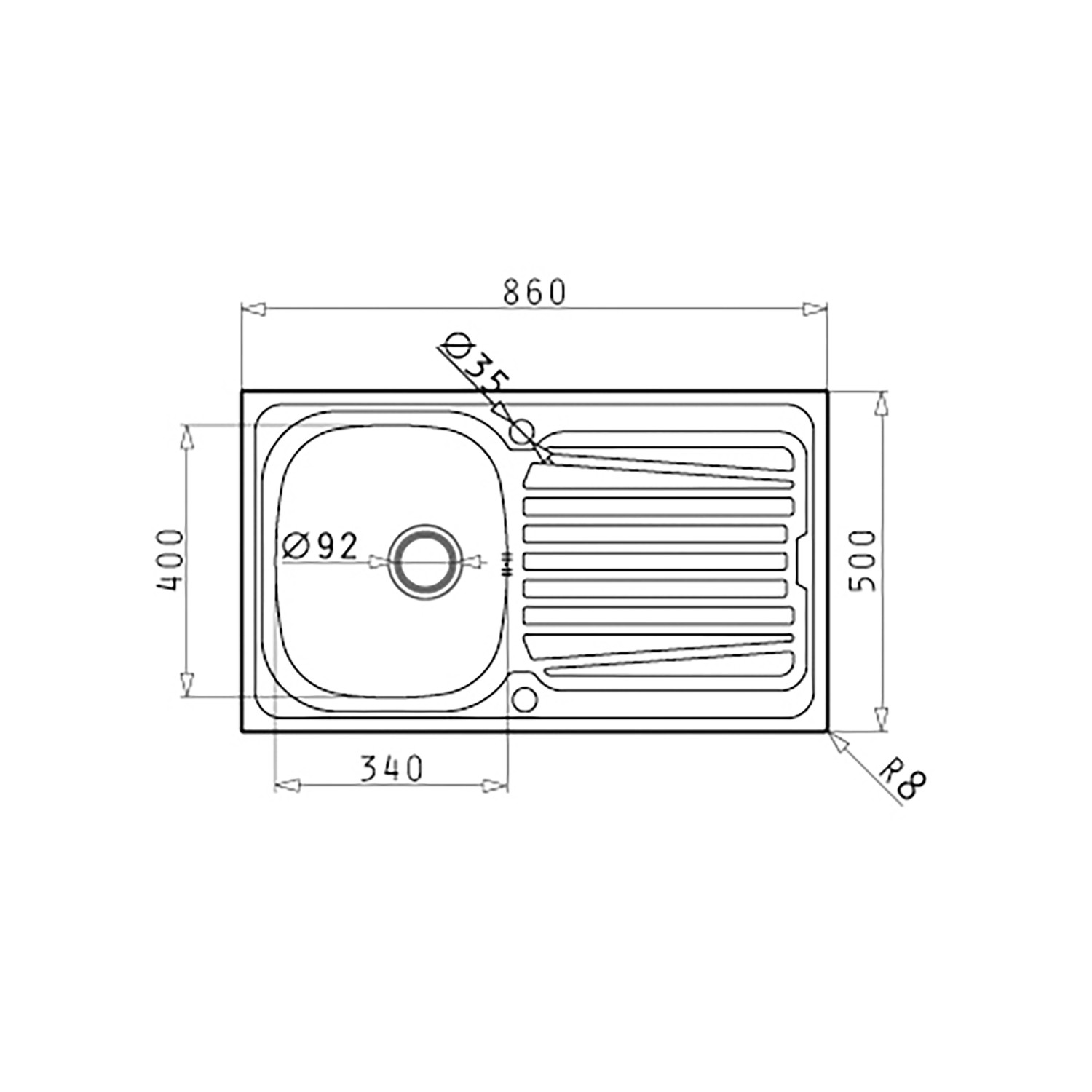 Technische Zeichnung: Pyramis Einbauspüle Sparta 1B 1D, 86x50 cm, Edelstahlspüle mit Becken links.