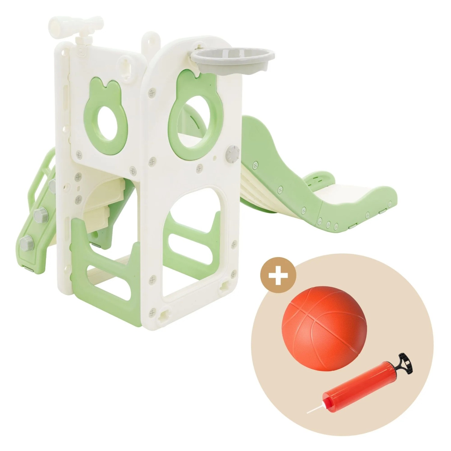 Joyz 3in1 Kinderrutsche grün mit Spielturm, Basketballkorb, Ball und Pumpe.