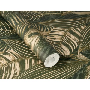 Rasch Vliestapete African Queen III mit Blätter-Motiv in Dunkelgrün und Beige.