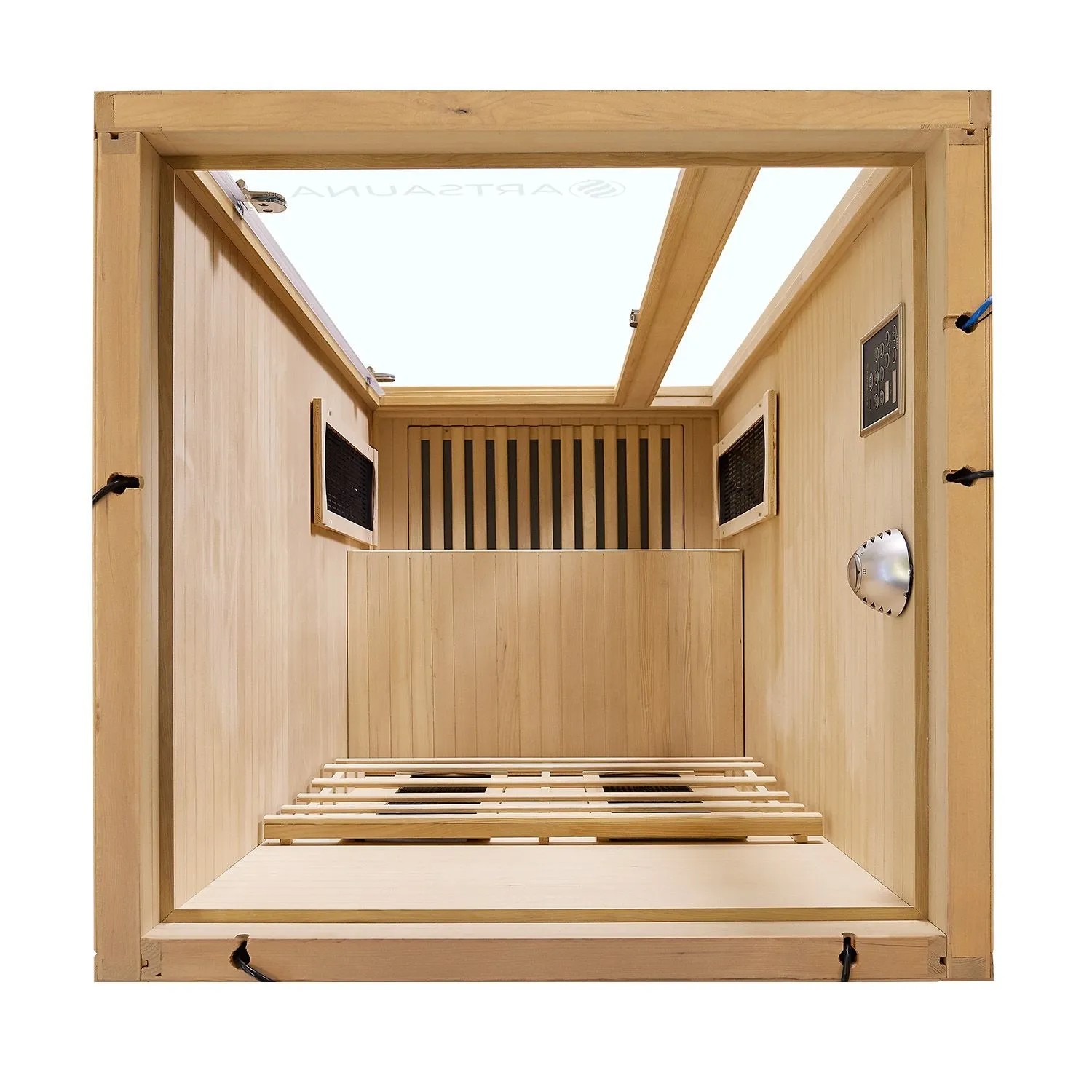 Innenansicht der Artsauna Infrarotkabine Nyborg S90V aus Hemlock-Holz mit Vollspektrumstrahlern.