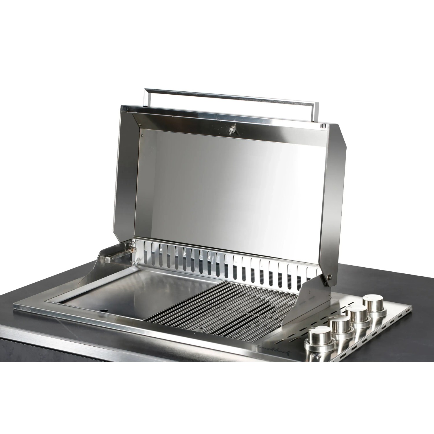 Detailansicht des Edelstahl-Gasgrills der Buschbeck Outdoorküche Derby mit geöffnetem Deckel.