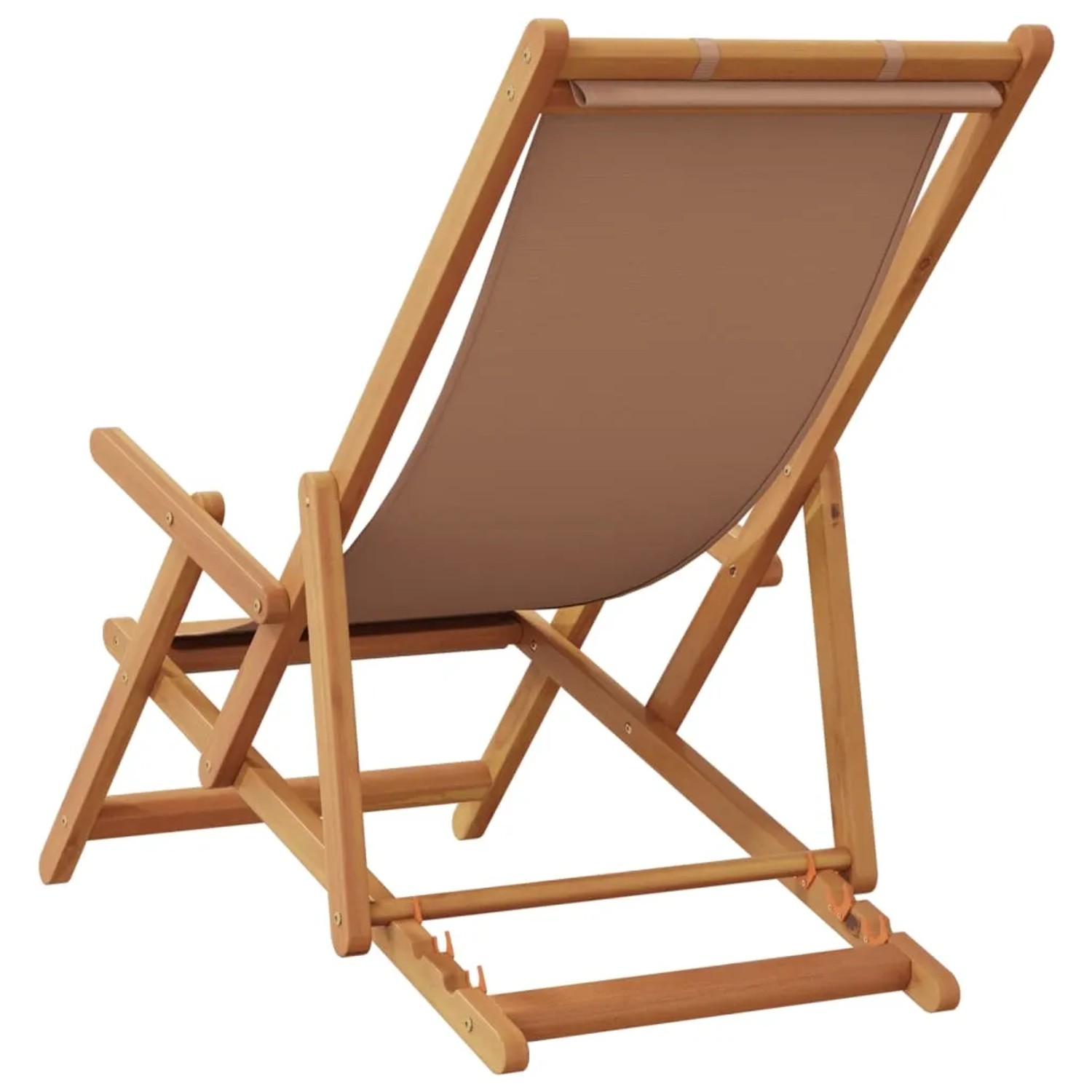 Klappbarer vidaXL Strandstuhl aus Eukalyptusholz mit taupefarbenem Stoffbezug.