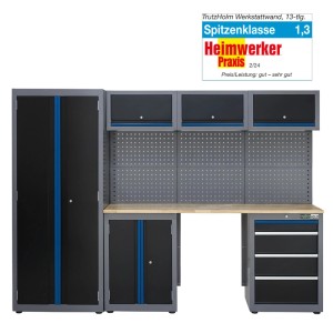 TRUTZHOLM Werkstattwand, 13-teilig, blau/grau, mit Werkzeugschränken, Schubladen, Lochwand und Arbeitsplatte.