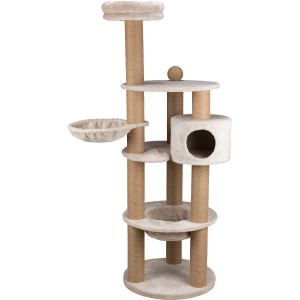 Lichtgrauer Trixie Kratzbaum Nigella (177 cm) mit Liegemulde, Höhle und Jute-Stämmen.