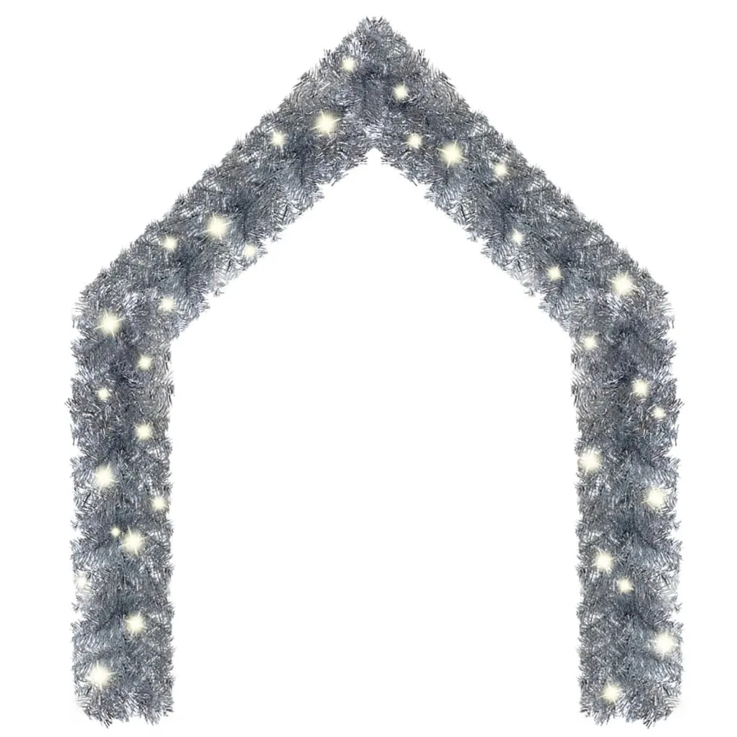 Silberne 20m LED Weihnachtsgirlande mit warmweißen Lichtern, als festlicher Türbogen dekoriert. Ideal für Weihnachtsdekoration.