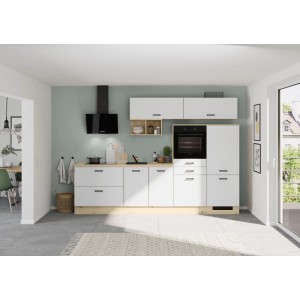 Weiße Impuls Küchenzeile 300 cm mit heller Eiche-Nachbildung, Backofen, Kochfeld und Dunstabzugshaube.