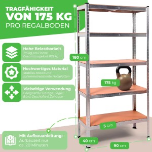 Ondis24 Metallregal Thomas (90x40 cm) mit 5 Böden, ideal für Werkstatt, Keller oder Garage.