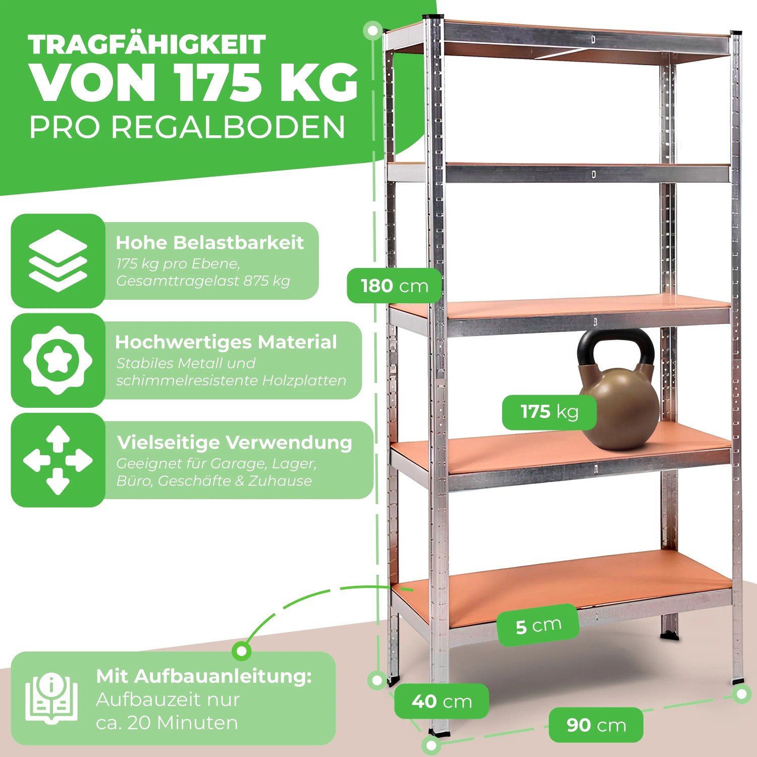 Ondis24 Metallregal Thomas (90x40 cm) mit 5 Böden, ideal für Werkstatt, Keller oder Garage.