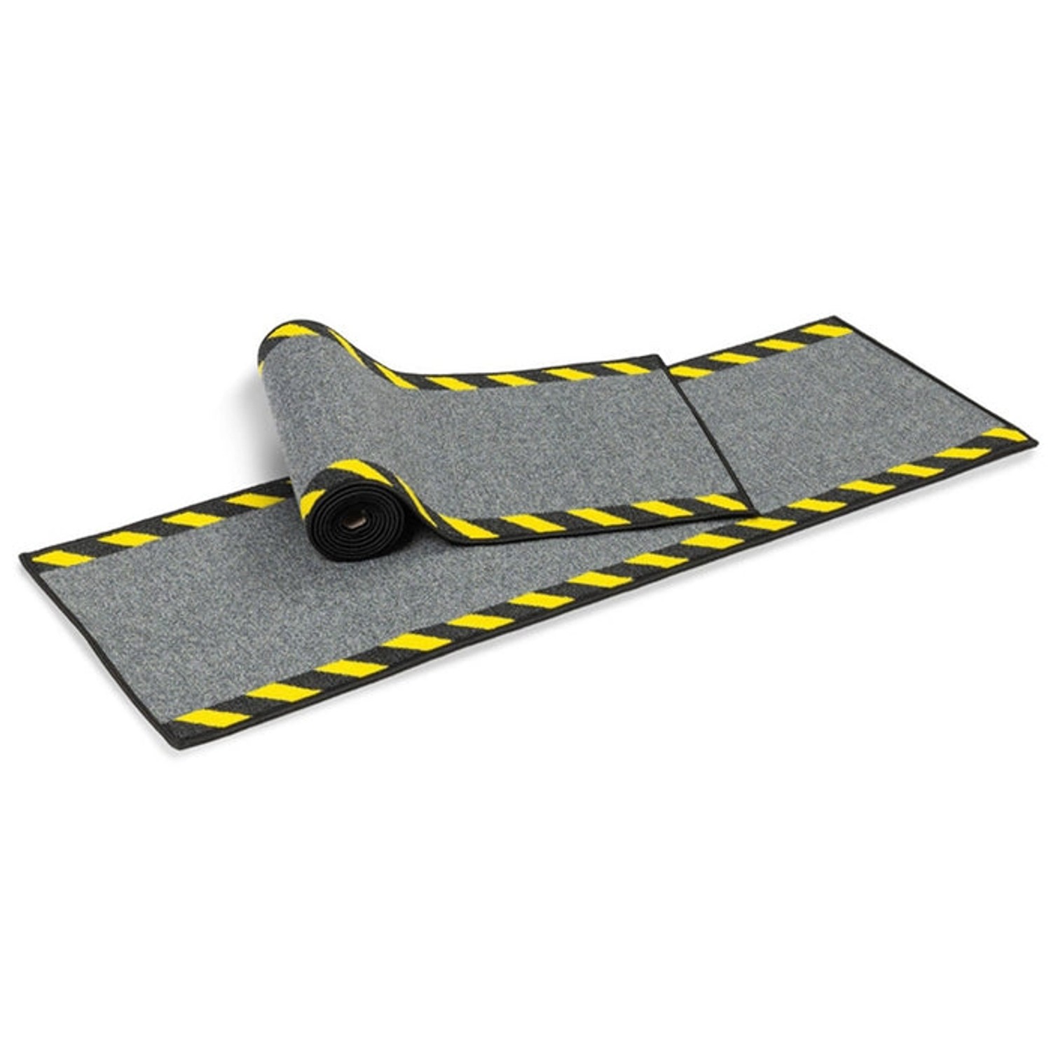 Graue Kabelmatte mit gelb-schwarzer Warnumrandung, rutschfest, 40x400 cm, für Kabelschutz.