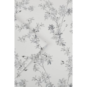 Laura Ashley Vliestapete Forsythia Steel mit zarten, stahlgrauen Forsythienblüten auf weißem Grund.