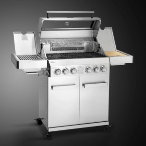 Taino Platinum Yamara 4+2 Gasgrill aus Edelstahl mit 4 Brennern, Sear- und Backburner. Offener Deckel, Seitentische.