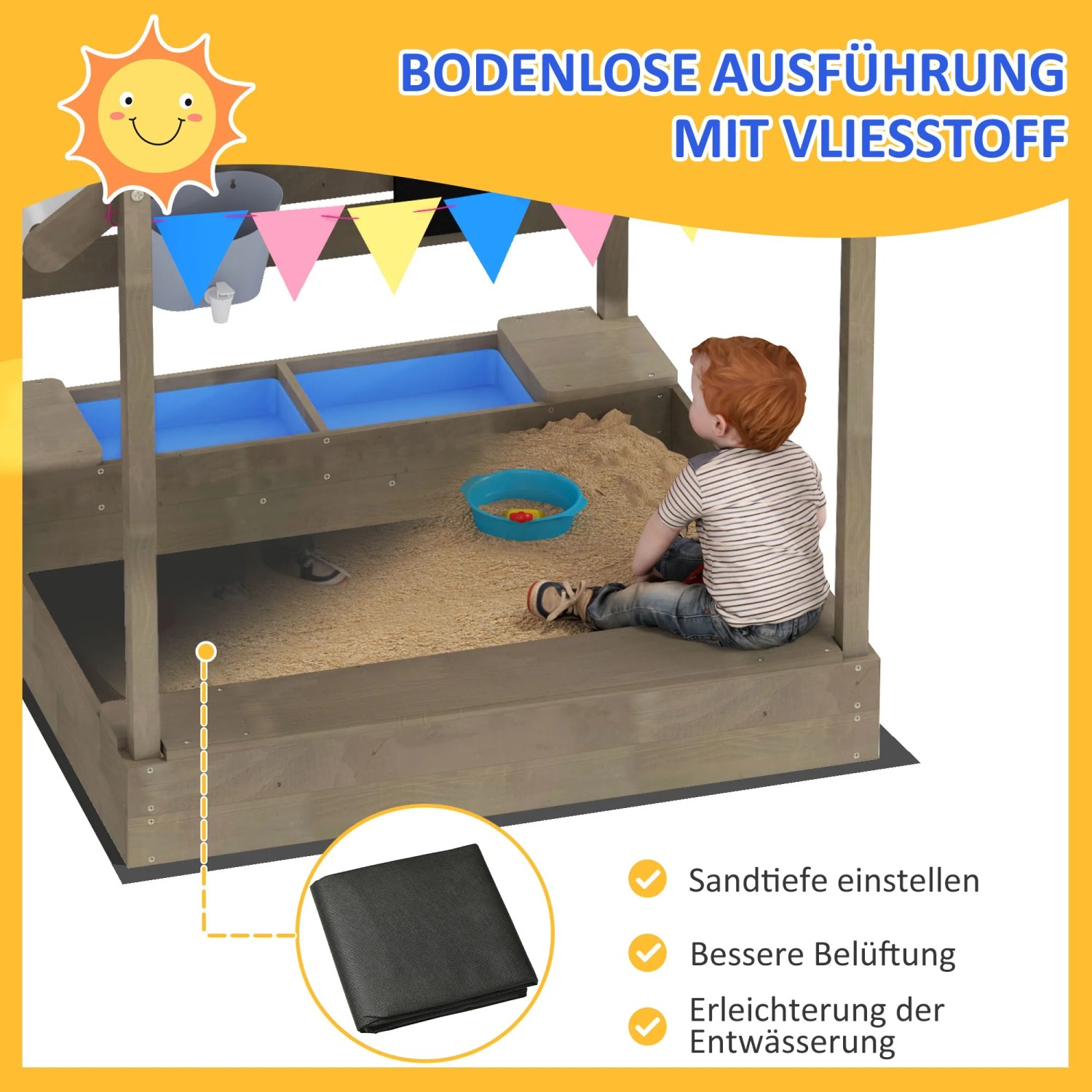 Outsunny Sandkasten mit Dach und Sitzplatz für Kinder von 3-7 Jahren. Holz Sandkiste mit Spielzeug und Wimpelkette.