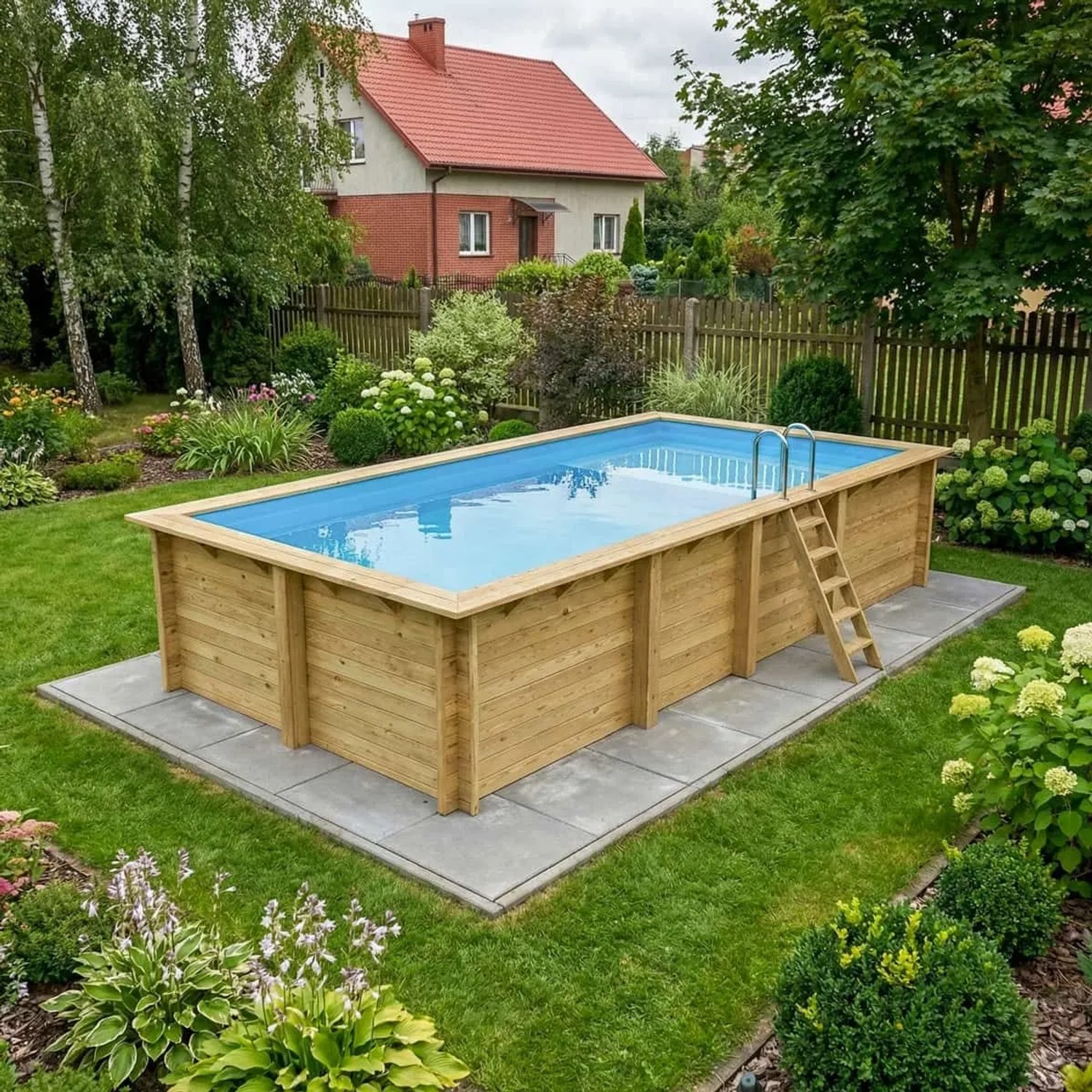 Rechteckiger ALTANKA Holzpool Aqua mit hellblauer Folie und Leiter im Garten.
