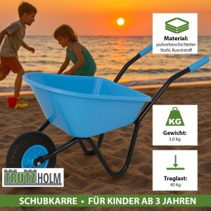 Helleblaue TRUTZHOLM Kinderschubkarre mit Vollgummireifen für Kinder ab 3 Jahren.