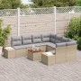 Beiges 9-teiliges vidaXL Garten-Sofa-Set aus Poly Rattan mit grauen Kissen und Tisch.