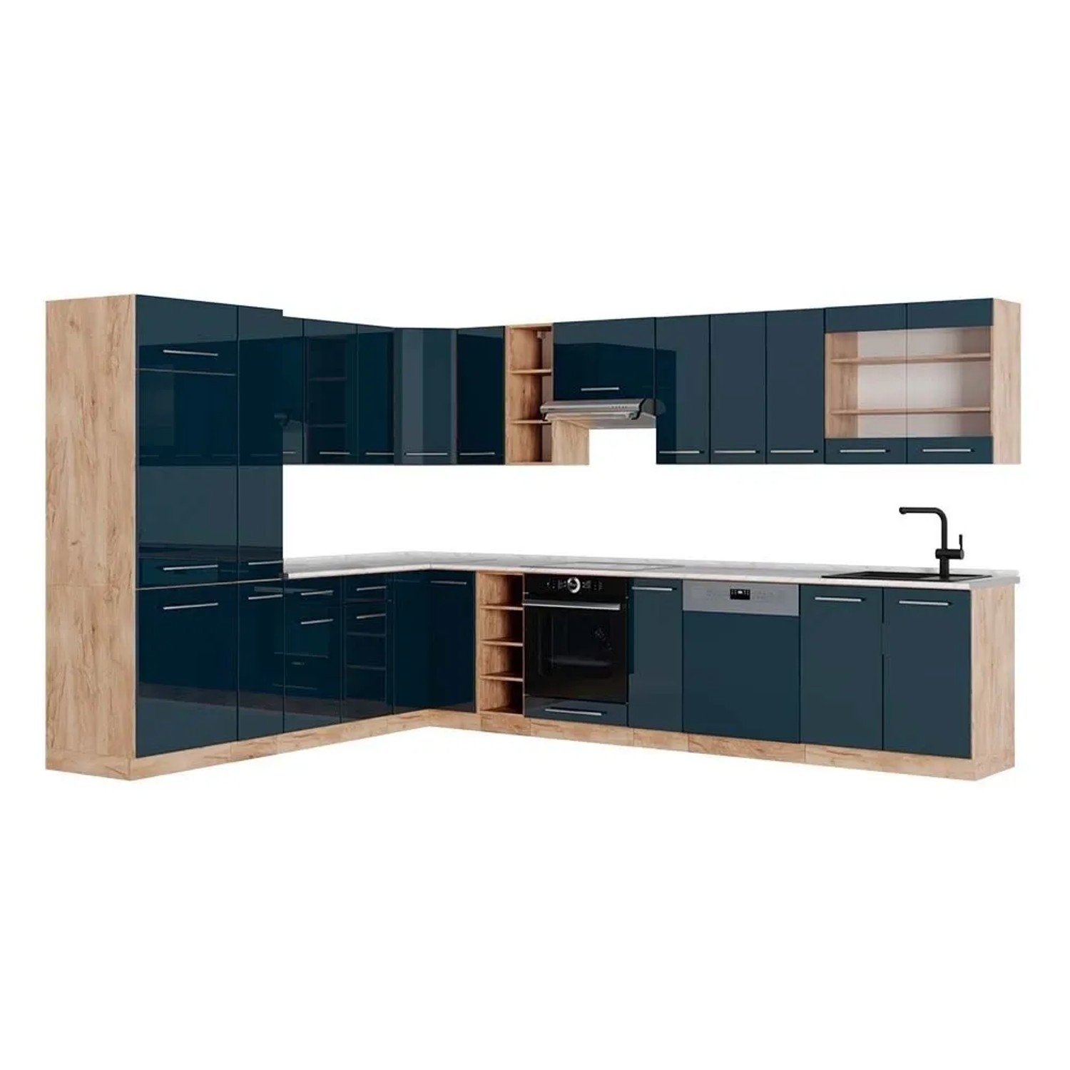 Vicco Eckküche Fame-Line Dunkelblau Hochglanz/Goldkraft Eiche 347 x 82, AP Marmor