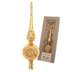 Goldene Krebs Glas Lauscha Weihnachtsbaumspitze (26cm) mit Effektgold und detailreichen Verzierungen.