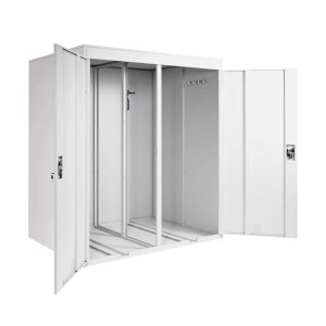 Helle, graue MCW Fahrradgarage für 2 Fahrräder, abschließbar und erweiterbar, mit geöffneten Türen.