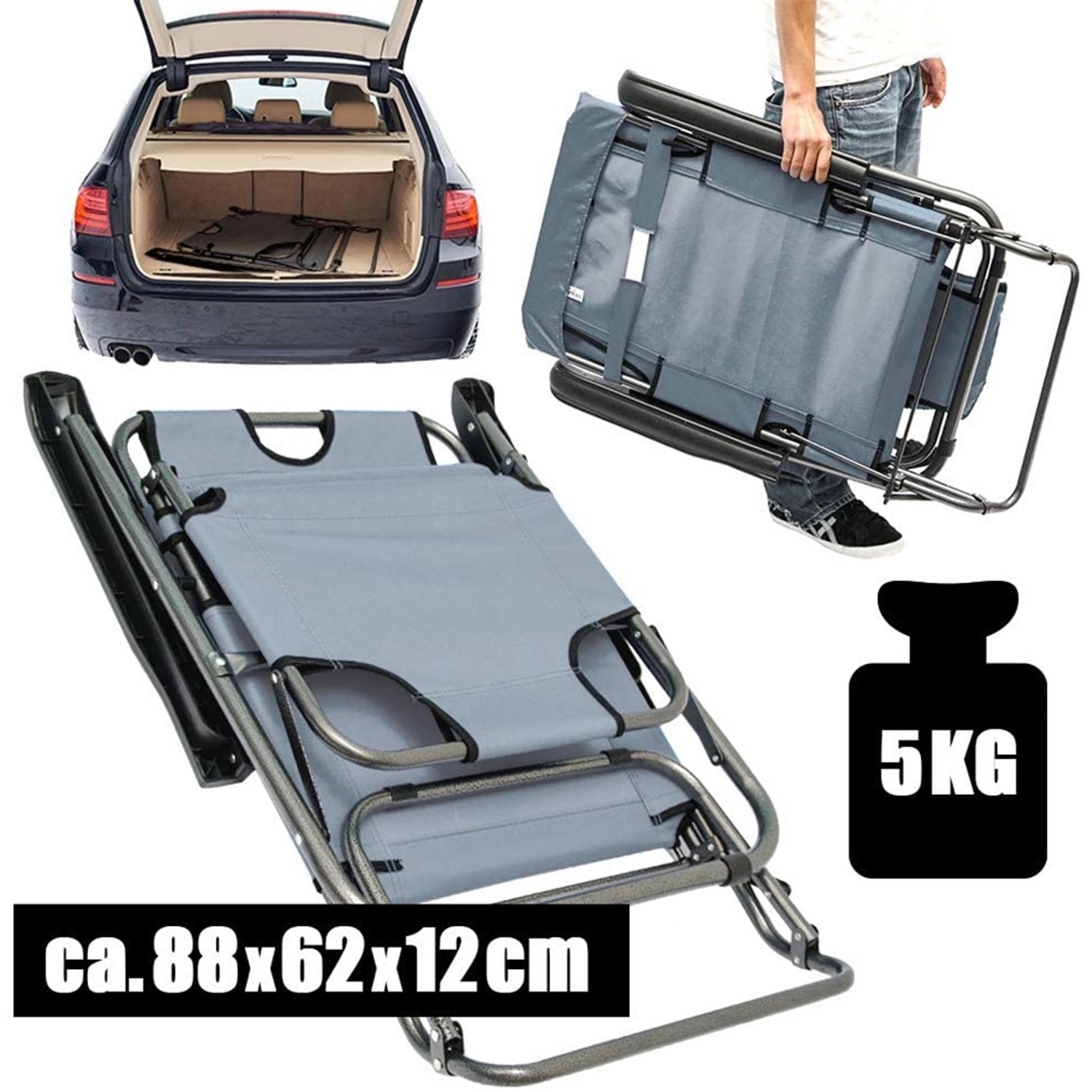 AMANKA Campingliege, grau, klappbar, im Auto und getragen dargestellt. Ideal für Camping & Freizeit.