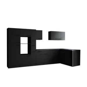 Respekta Winkelküche Oliver 370 cm, Grau Matt, ohne E-Geräte. L-Form mit Hochschrank und Arbeitsplatte in Granitoptik.