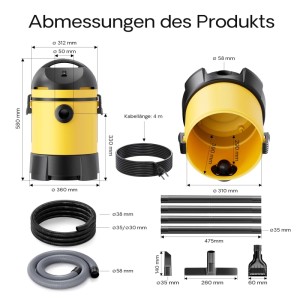 Wiltec Teichsauger 1400W: gelb-schwarzer Poolsauger mit umfangreichem Zubehör wie Schläuchen, Rohren und Düsen, inkl. Maßen.